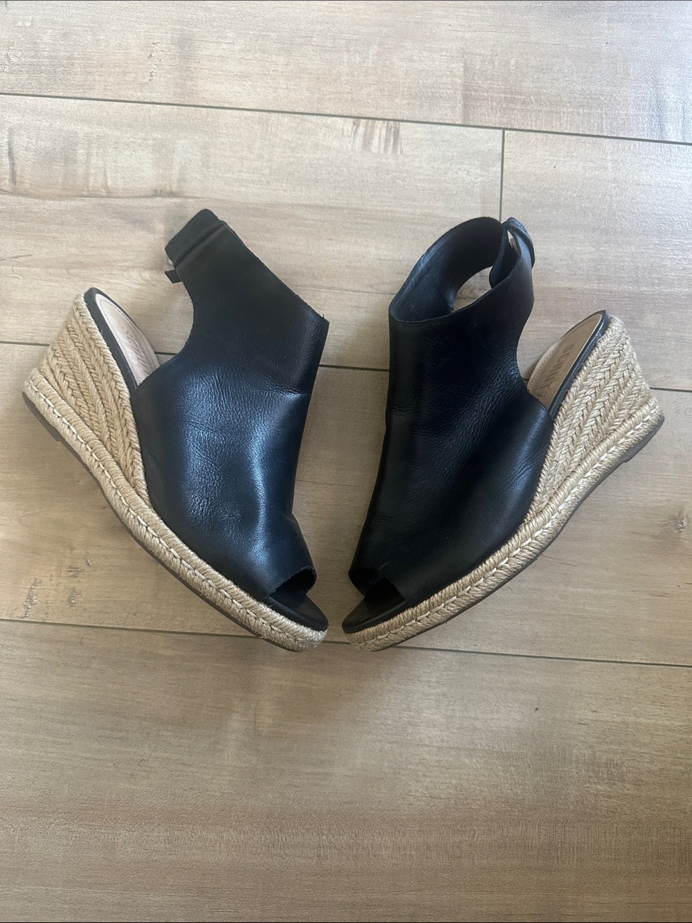Schutz Black Leather Espadrille Wedge 
Women’s Black Peep-Toe Sandals Sz 6.5